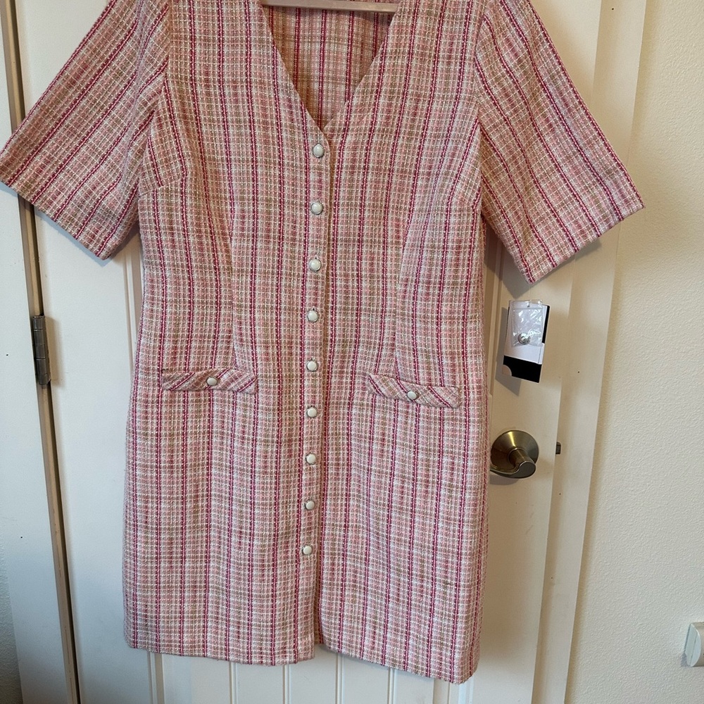 Maison Tara Pink Checkered tweed Dress size 16 NWT